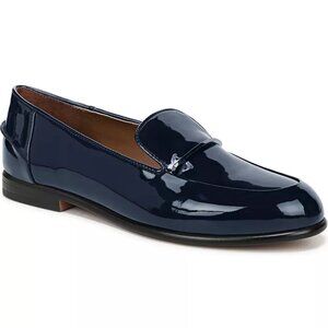 Franco Sarto Mirabelle Almond Toe Loafers in Navy Blue Patent Faux Leather Sz: 9
